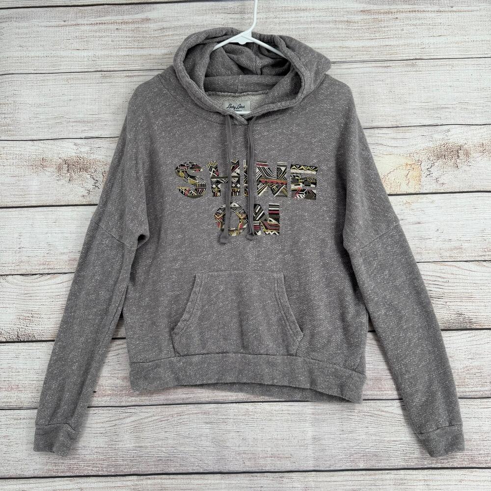 Lucky Lotus Aztec Southwest Print Shine On Terry Hoodie Womens Medium Gray
